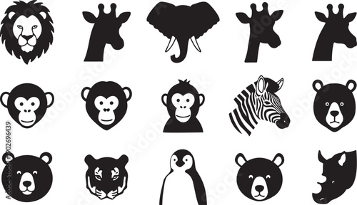 Black and white animal icons featuring lions giraffes elephants zebras monkeys bears penguins and tigers