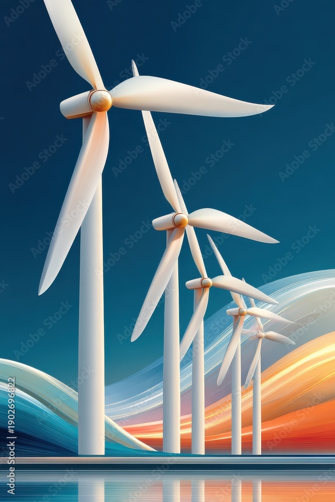 Fototapeta premium Abstract digital illustration of wind turbines with a vibrant rainbow backdrop and reflection