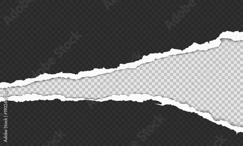 Wide horizontal torn paper strip with rough ripped edges, realistic white paper tear revealing transparent background.