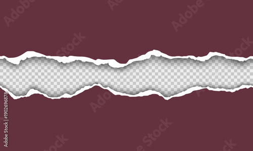 Wide horizontal torn paper strip with rough ripped edges, realistic white paper tear revealing transparent background.