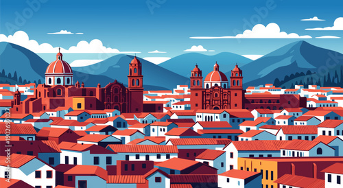 Vibrant Vector Illustration of an Old Cityscape with Red Rooftops and Mountains in the Background