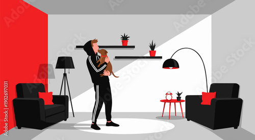 Charming Vector Illustration of a Man Holding a Dog in a Modern Living Room Setting