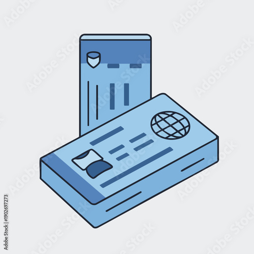 Isometric Outline Illustration of Passport Document and Identification Card for Travel