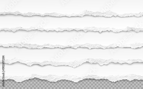 Set of realistic torn paper strips with rough edges, isolated on transparent background for design use.
