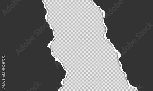 Wide horizontal torn paper strip with rough ripped edges, realistic white paper tear revealing transparent background.