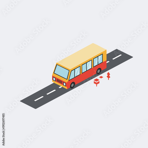 Isometric Detailed Bus on Asphalt Road with Accident Illustration