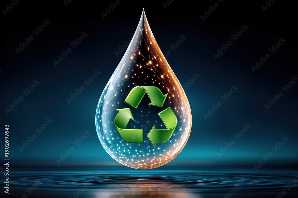 Fototapeta premium Digital water drop with green recycling symbol and vibrant, futuristic lines and light