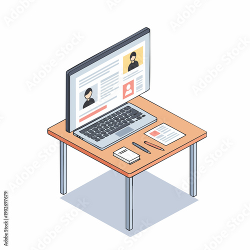 Isometric Detailed Laptop on Desk with Application Form Illustration