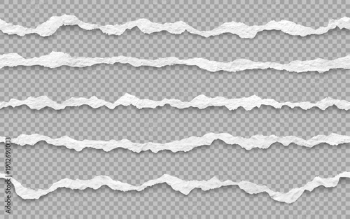 Set of realistic torn paper strips with rough edges, isolated on transparent background for design use.