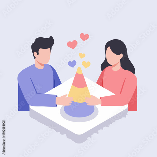 Flat Illustration Couple Celebrating Love with Cake and Heart Decoration