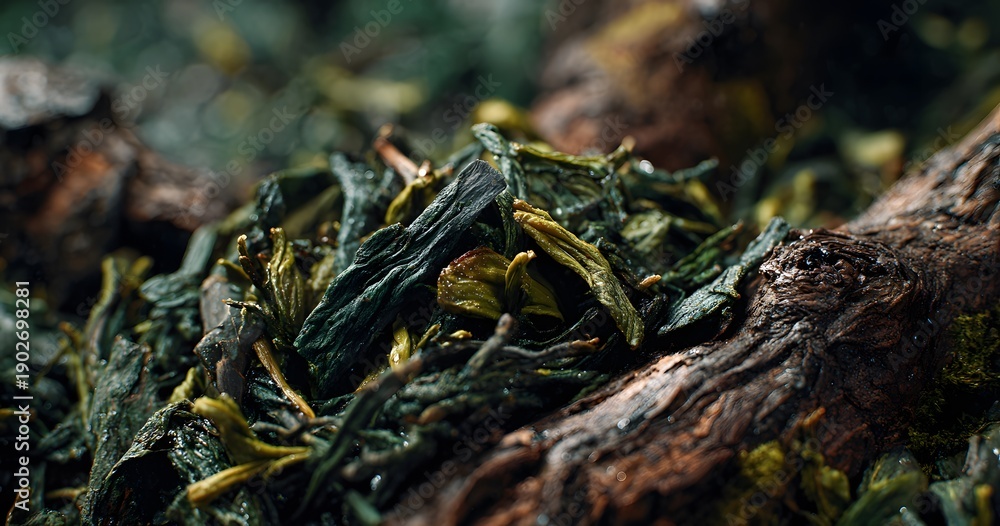 Fototapeta premium Conceptual close-up of textured dried green leaves and organic wood elements with a rich, earthy palette and soft focus