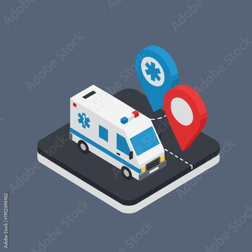 Isometric Detailed Ambulance with Location Pin Medical Service Transportation Illustration