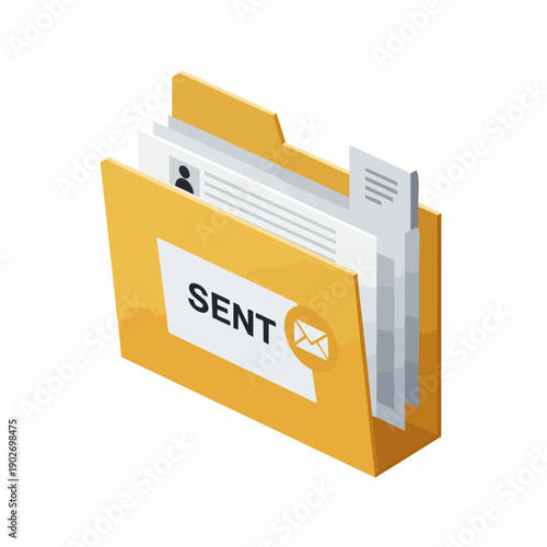 Isometric Illustration Folder with "Sent" Label Documents and Envelope Icon