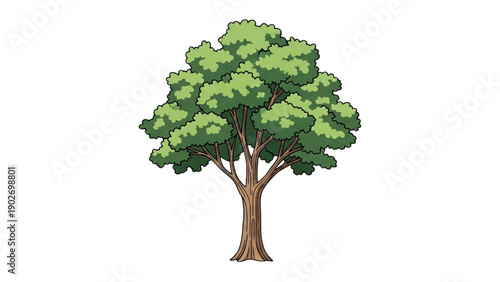 A serene illustration of a tree with lush green leaves and sturdy trunk in a peaceful landscape viewed from the side