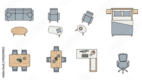 Collection of modern furniture pieces displayed in a minimalist style from various viewpoints