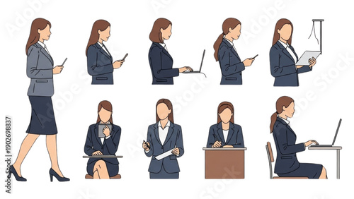 Collage of businesswoman working in different settings and activities from various viewpoints