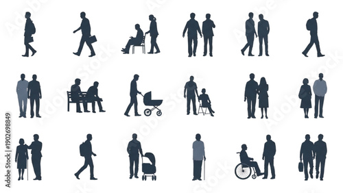 Silhouettes of people with disabilities and elderly individuals walking, using wheelchairs, or being assisted by others in various scenarios from a side viewpoint