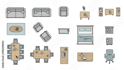 Collection of modern furniture illustrations displayed from an overhead viewpoint