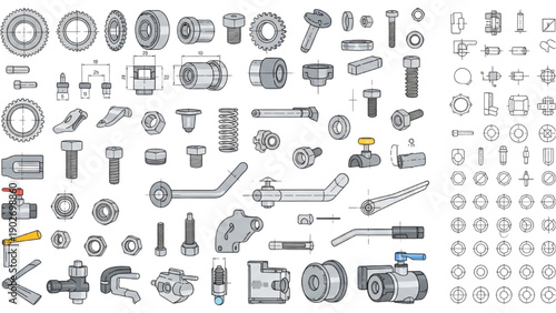 Detailed illustration of various mechanical parts and tools arranged neatly on a clean background from a straightforward viewpoint