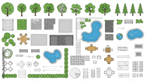 Landscape Design Elements Collection Featuring Trees, Gardens, Ponds, and Architecture Icons in Various Formats
