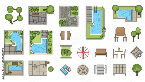 Collection of pool designs and garden layouts with furniture and trees from various viewpoints