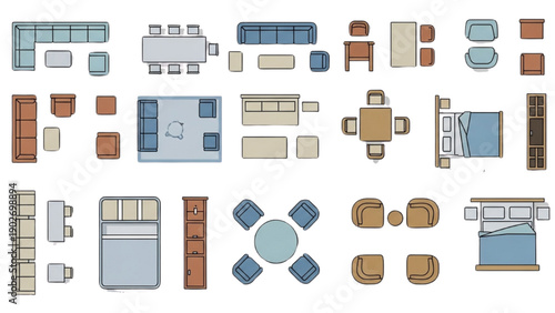 Collection of modern furniture pieces arranged in various rooms and spaces with a focus on living room and bedroom settings