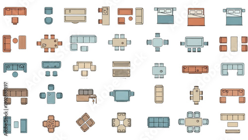 Assorted furniture icons in various styles and colors displayed together
