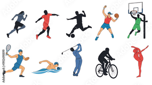 Collection of athletes engaging in various sports activities illustrated in a dynamic and energetic style