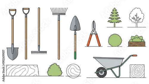 Gardening tools and plants arranged neatly on wooden planks from an overhead viewpoint