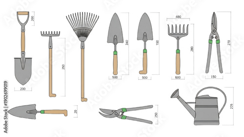 Gardening tools arranged neatly on white background illustration showcasing various equipment for lawn and garden care activities from a top-down viewpoint
