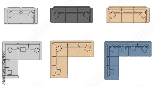 2D floor plans of various L-shaped office layouts in different colors displayed from a top-down viewpoint