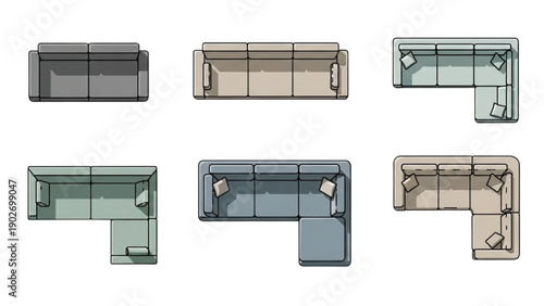Various floor plans of rooms illustrated from a top-down viewpoint showcasing different layouts and designs