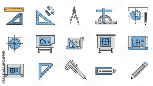 Geometric shapes and drafting tools on white background, viewed from directly above