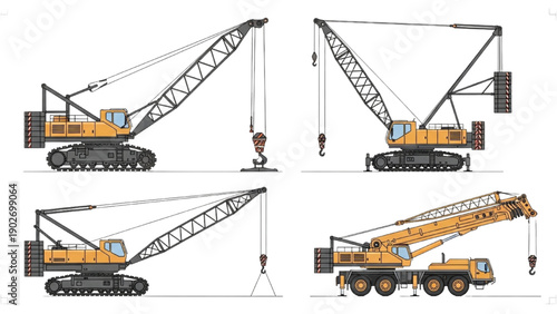 Crane illustrations showcasing different operational modes and viewpoints on a clean white background