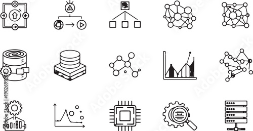 A collection of icons representing various aspects of technology and data science