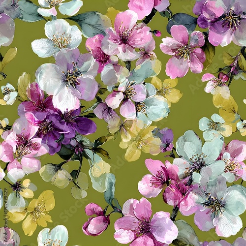 A vibrant floral pattern featuring colorful flowers on a green background
