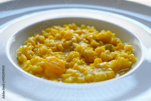 Closeup of pumpkin risotto on white background 