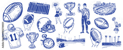 Hand drawn american football doodle icons set