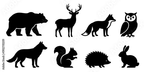 Collection of black forest animal silhouettes including bear deer fox owl wolf squirrel hedgehog and rabbit for nature design projects