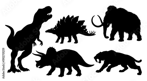 Collection of prehistoric animal silhouettes including tyrannosaurus rex stegosaurus triceratops woolly mammoth and saber tooth tiger for educational or creative design projects