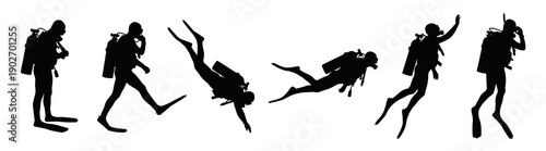 Collection of black silhouettes featuring scuba divers in different positions like swimming diving and standing with full gear and tanks