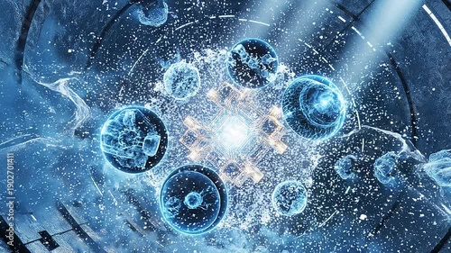 Futuristic space station with beams of light