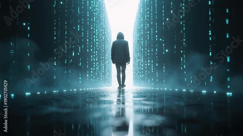Hooded figure walking down corridor of glowing binary code | Cinematic futuristic animation | Concept of digital identity, cybersecurity, AI technology, data immersion