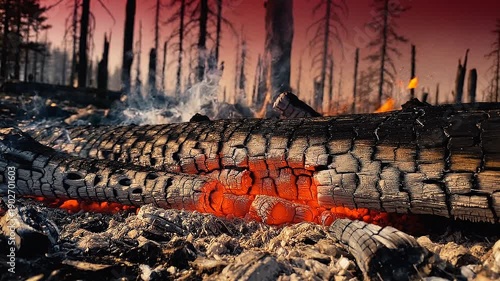 Forest fire devastation, blazing inferno in barren landscape