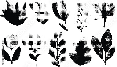 Halftone floral silhouettes in black featuring leaves and flowers on transparent background