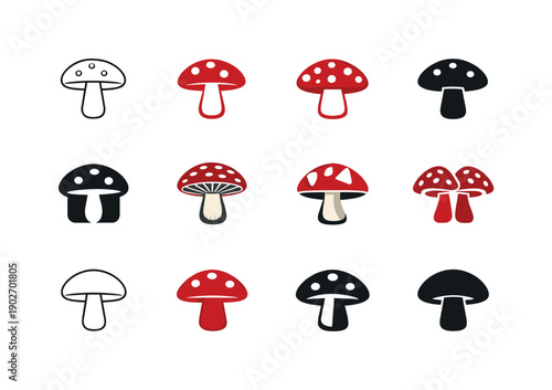 Fly agaric. Icon set. Set Logo of Fly agaric: toadstool mushroom symbol. harmonious logo variations of the same emblematic concept, each with