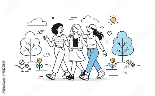 Empowered women outdoors. Women walking together in a spring landscape, relaxed movement and positive energy. Simple trees, flowers, and