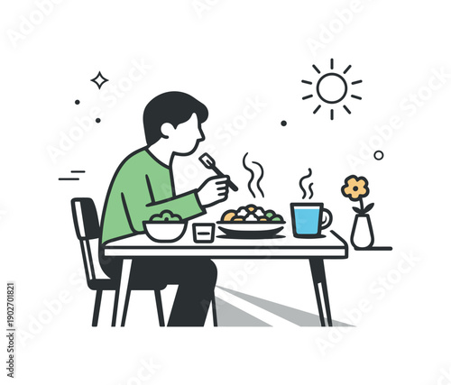 Ordinary life poetry. A quiet meal alone at a small table, steam rising and natural light casting long shadows. Subtle emotion in simplicity