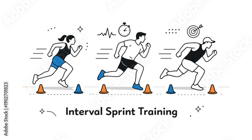 Interval sprint training illustration. A minimal scene with multiple athletes accelerating along lanes, using cones or markers to guide sets,