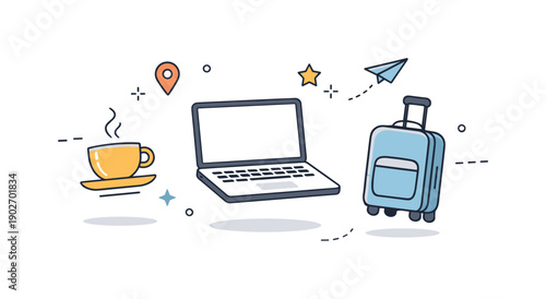 Digital nomad. Minimal workspace with laptop, coffee cup, and suitcase icons, floating gently to suggest mobility, flexibility, and modern